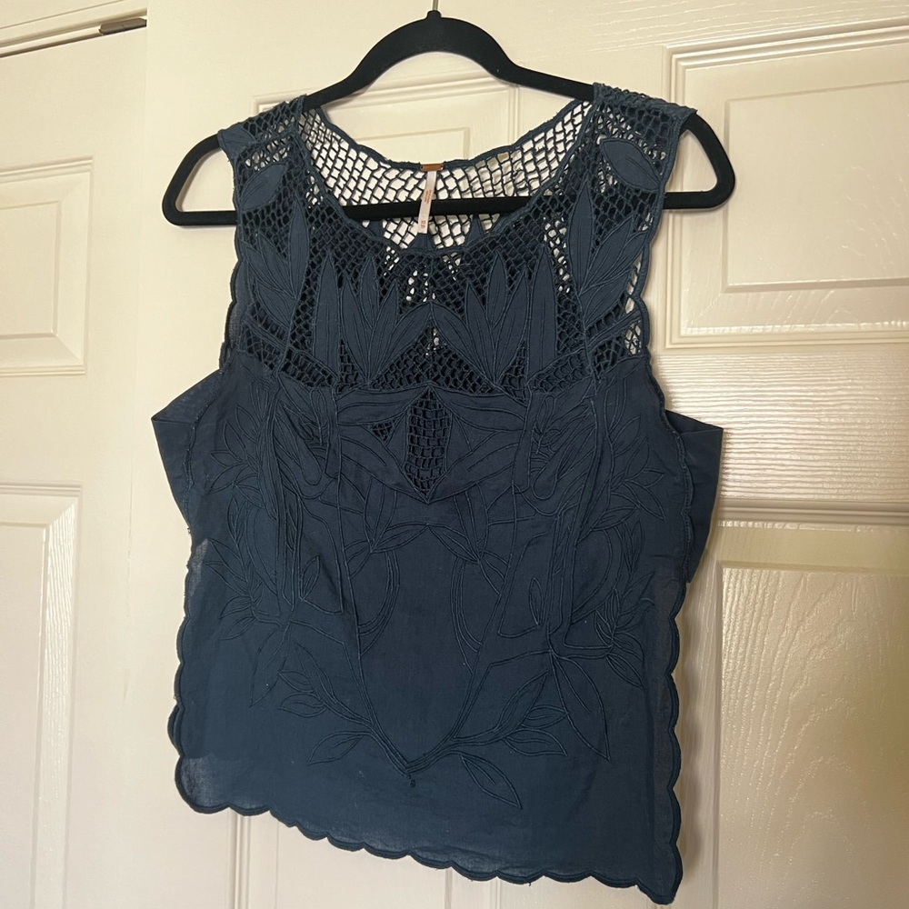 Free People Dark Teal Lace Cutout Tank Top